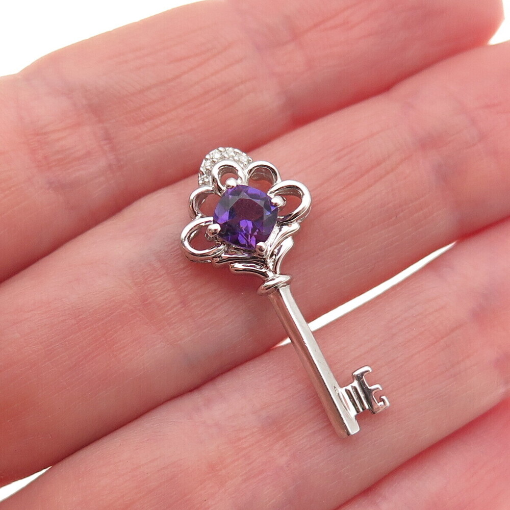 Sun 925 Sterling Silver Real Diamond & Amethyst Floral Key Slide Charm Pendant